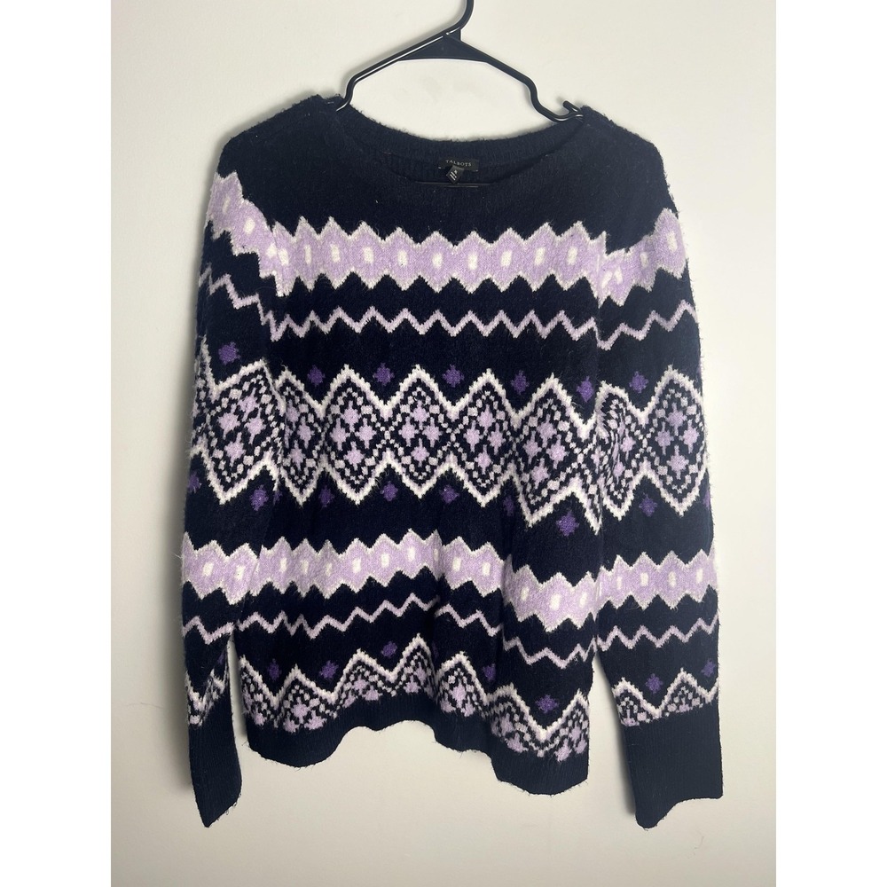 Talbots Sweater Wm XL Blue Purple Nordic Fair Isle Crewneck Knit Pullover Top